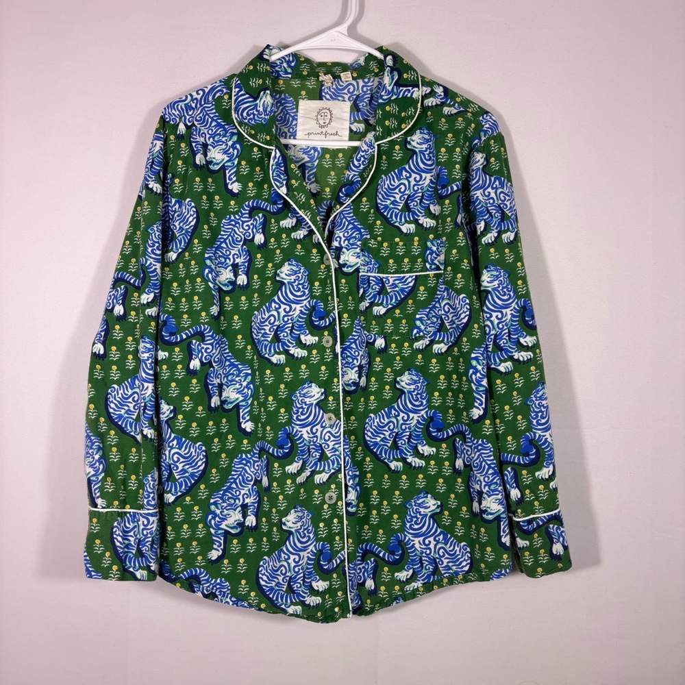 Print Fresh Green and Blue Tiger-Print Cotton Pajama Set - Picture 2 of 16
